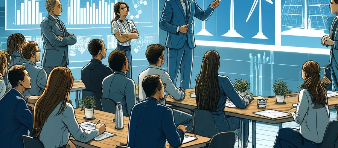 An illustration showing a professional training session focused on new energy solutions. The scene is set in a modern classroom or training center wit