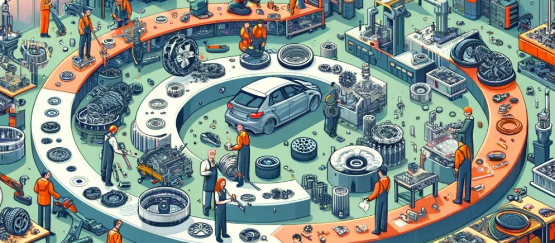 DALL·E 2024-05-13 15.29.26 - An illustration depicting the concept of automotive remanufacturing within a circular economy. The scene shows a modern remanufacturing fa
