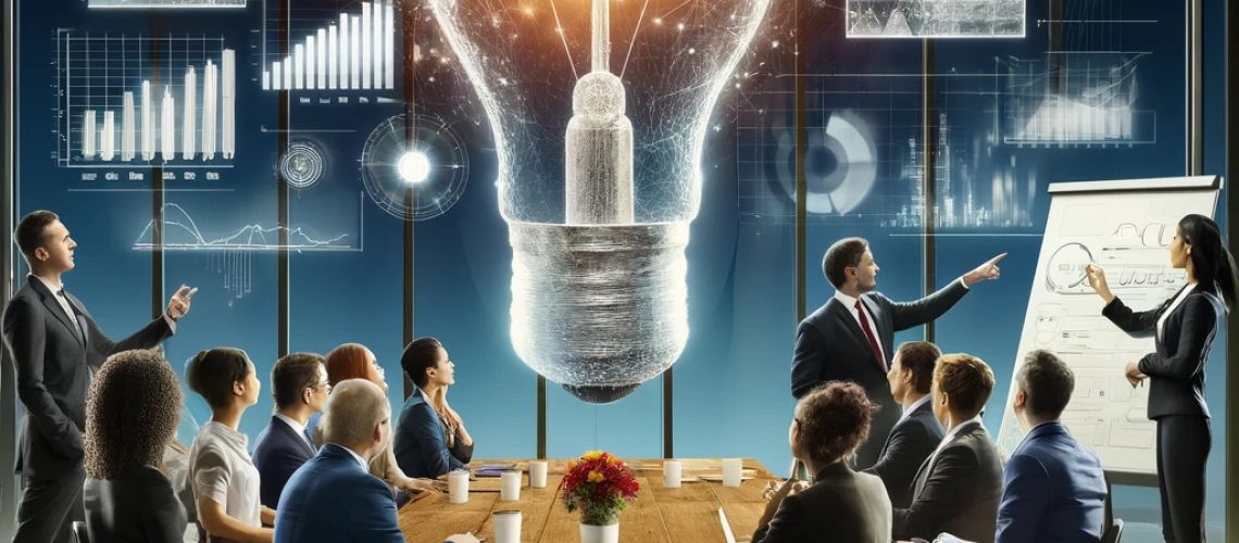 DALL·E 2024-05-13 15.31.35 - An illustration of a diverse group of business professionals gathered around a large, glowing light bulb that symbolizes an innovative ide